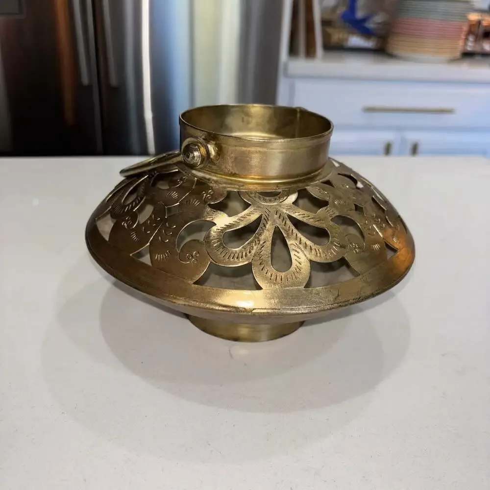 Vintage Hand-Etched Brass Tea Light Holder with Reticulated Floral Design